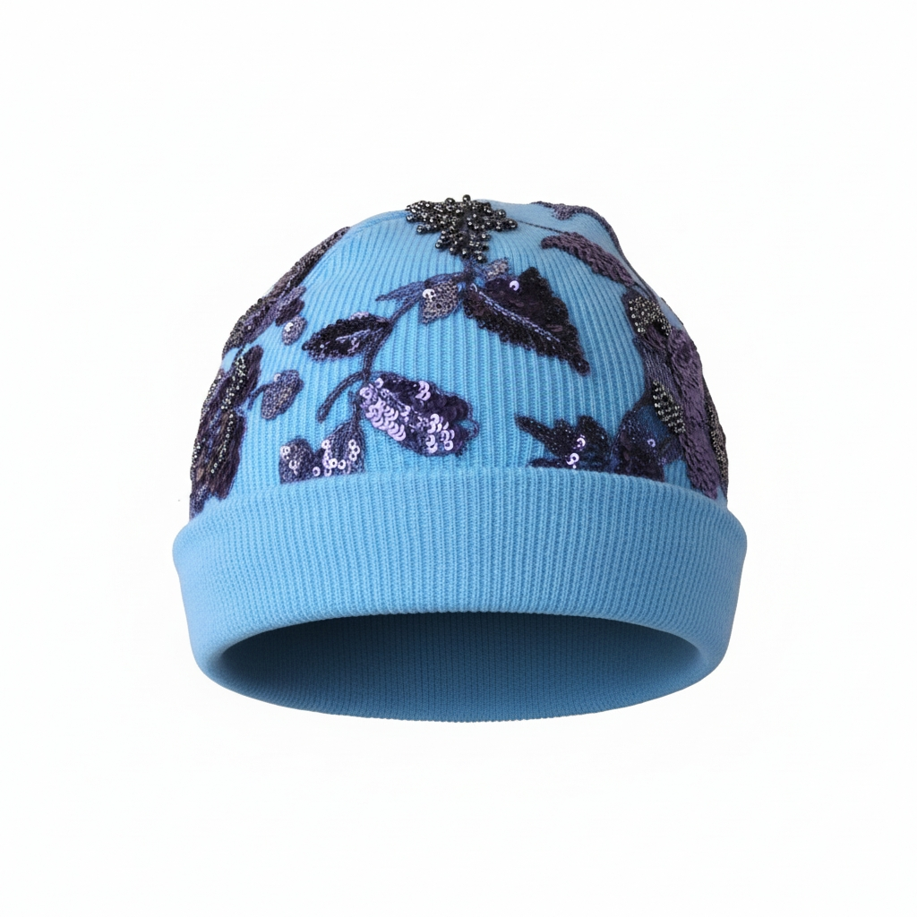 Blue Beaded Floral Knit Beanie