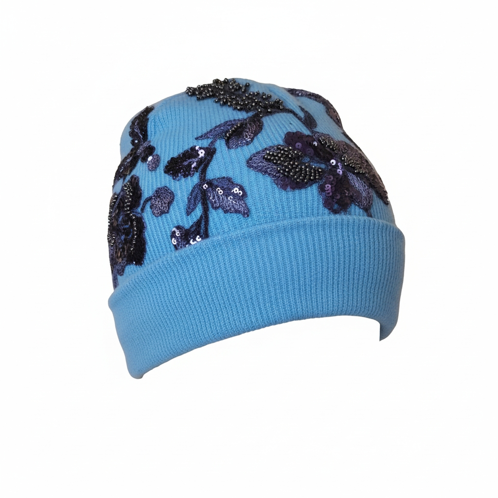 Blue Beaded Floral Knit Beanie