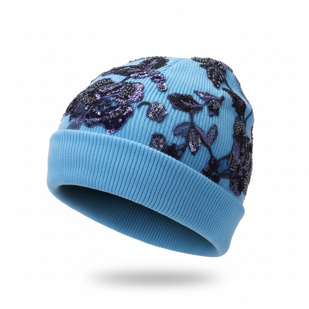Blue Beaded Floral Knit Beanie